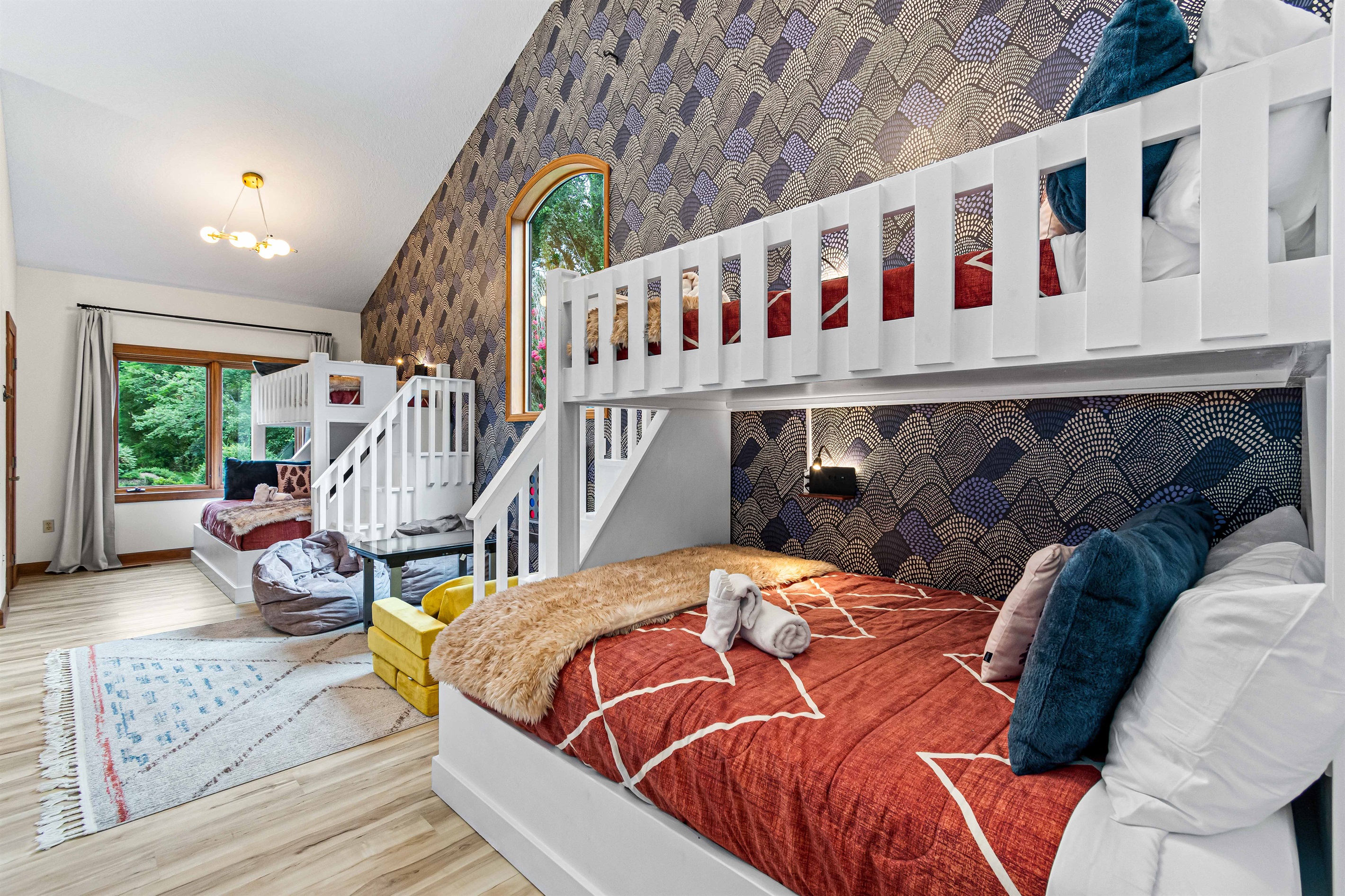 Built for fun and function—the custom bunk room sleeps plenty, with cozy bedding, playful design, and plenty of space for kids of all ages to relax together. 🛏️🎉✨