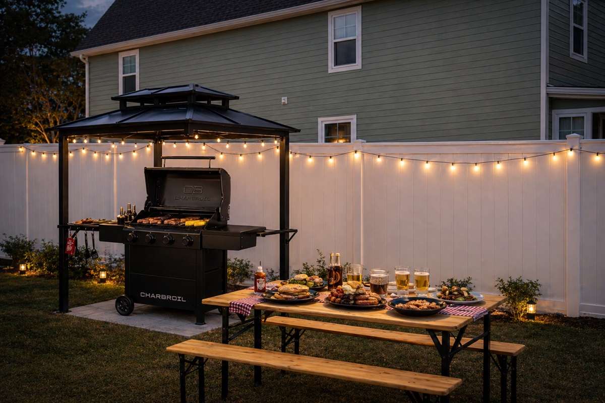 Outdoor Dining Oasis: Sizzle up unforgettable meals under twinkling lights in our BBQ haven!