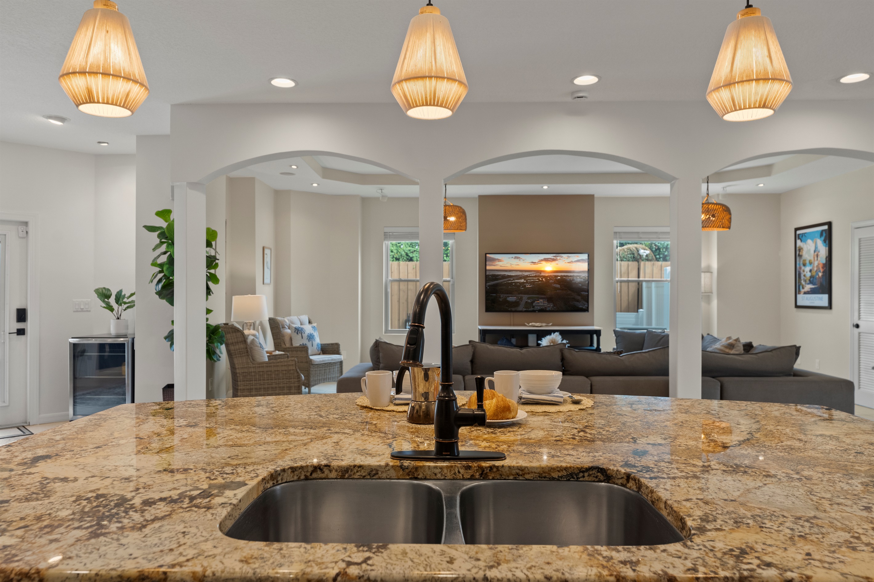Gather at the expansive bar and savor cooking in a fully equipped, spacious kitchen.