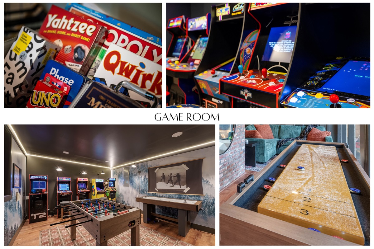 A dedicated game room packed with classic arcades, foosball, air hockey, shuffleboard, and tons of board games—perfect for family tournaments and late-night fun after a day on the mountain.