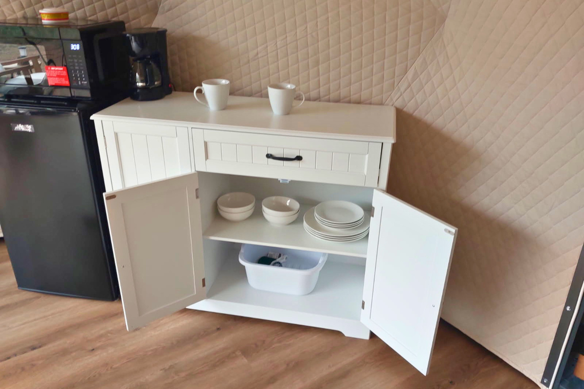 Find thoughtful touches inside the dome, including dishes and a space to make yourself at home.
