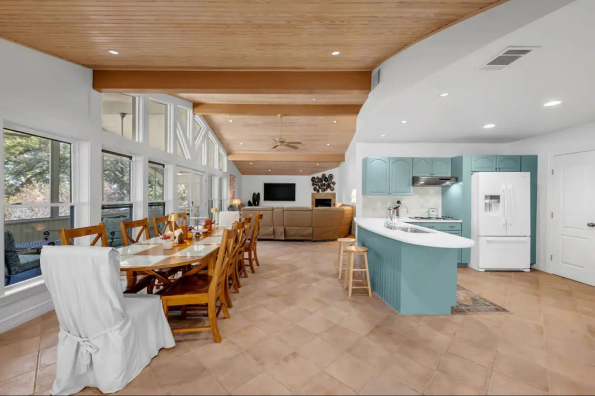 Kitchen, dining room and living room