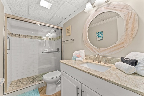 Recently updated master bathroom. Plenty of counter space for all your needs.