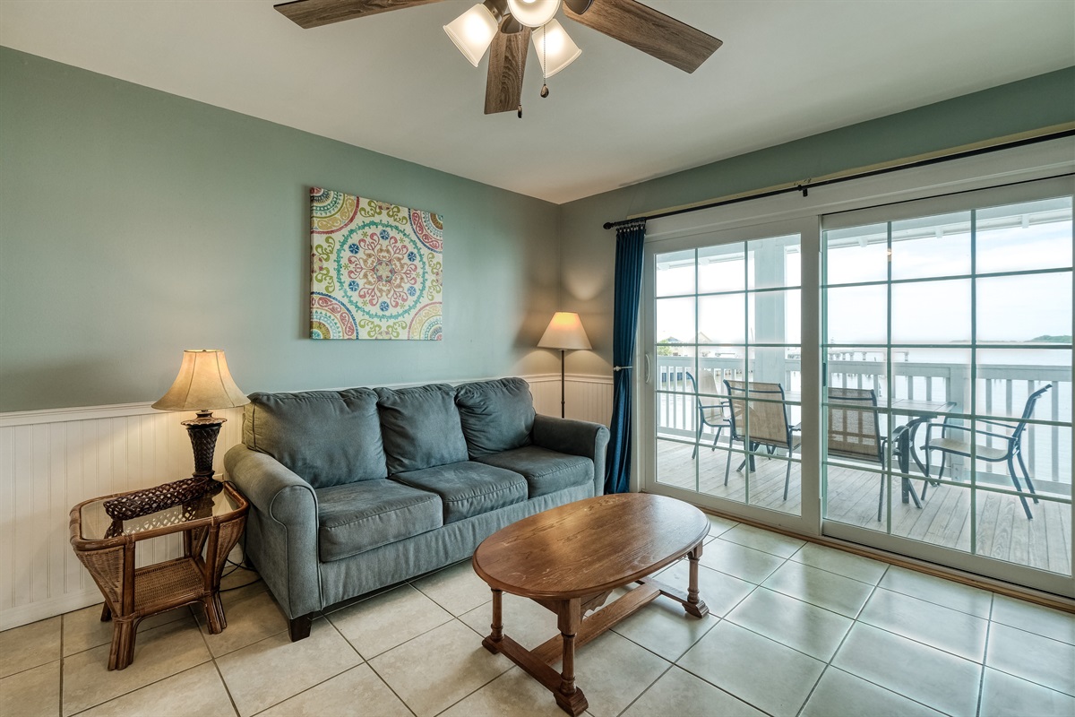 Large sliding glass door let plenty of natural light in
