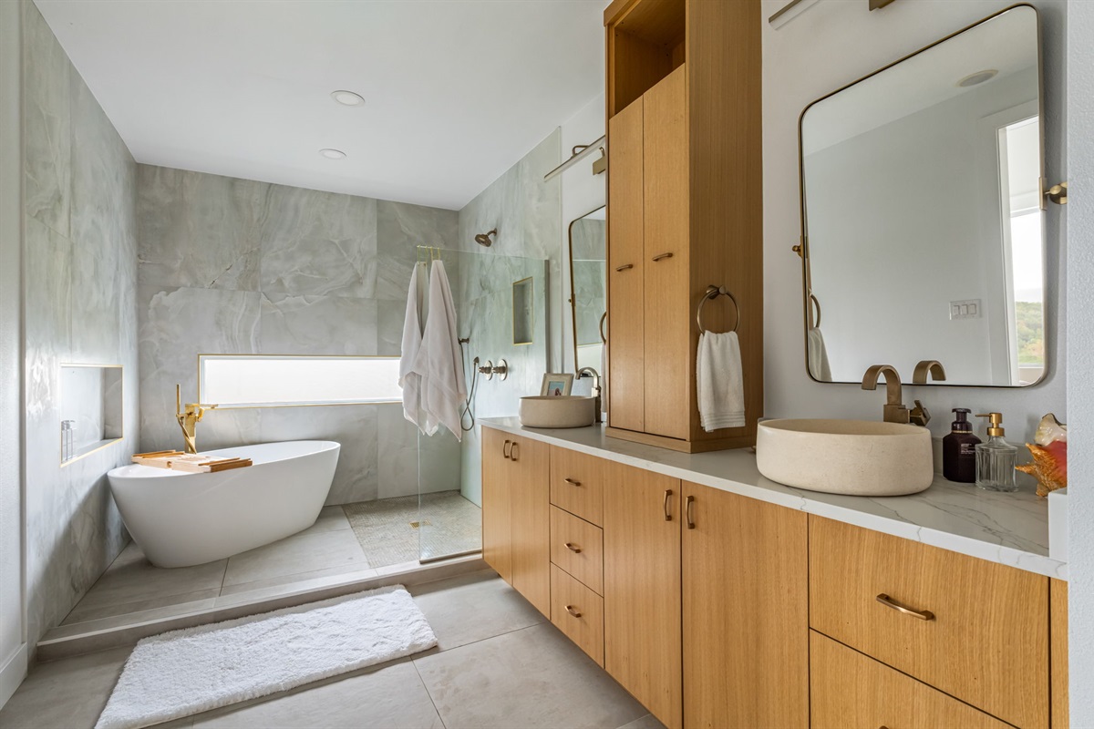 Modern bathroom with double vanity and designer finishes