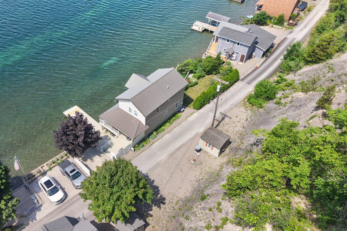 Overhead view of the waterfront home and dock