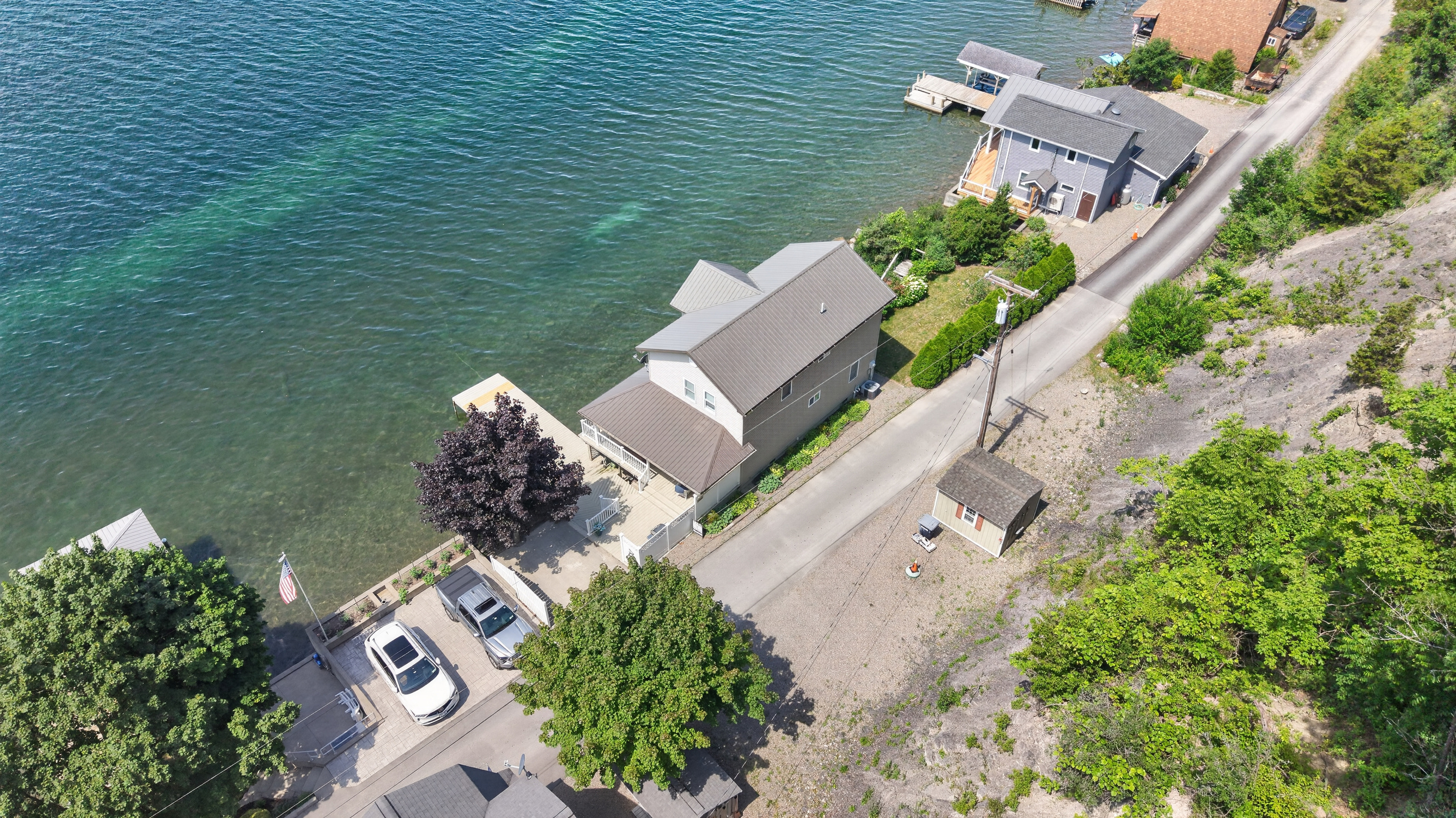 Overhead view of the waterfront home and dock