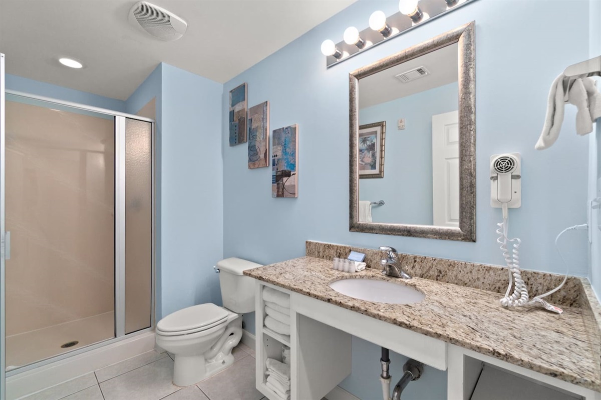 Hall bathroom with large walk-in shower, extended counter