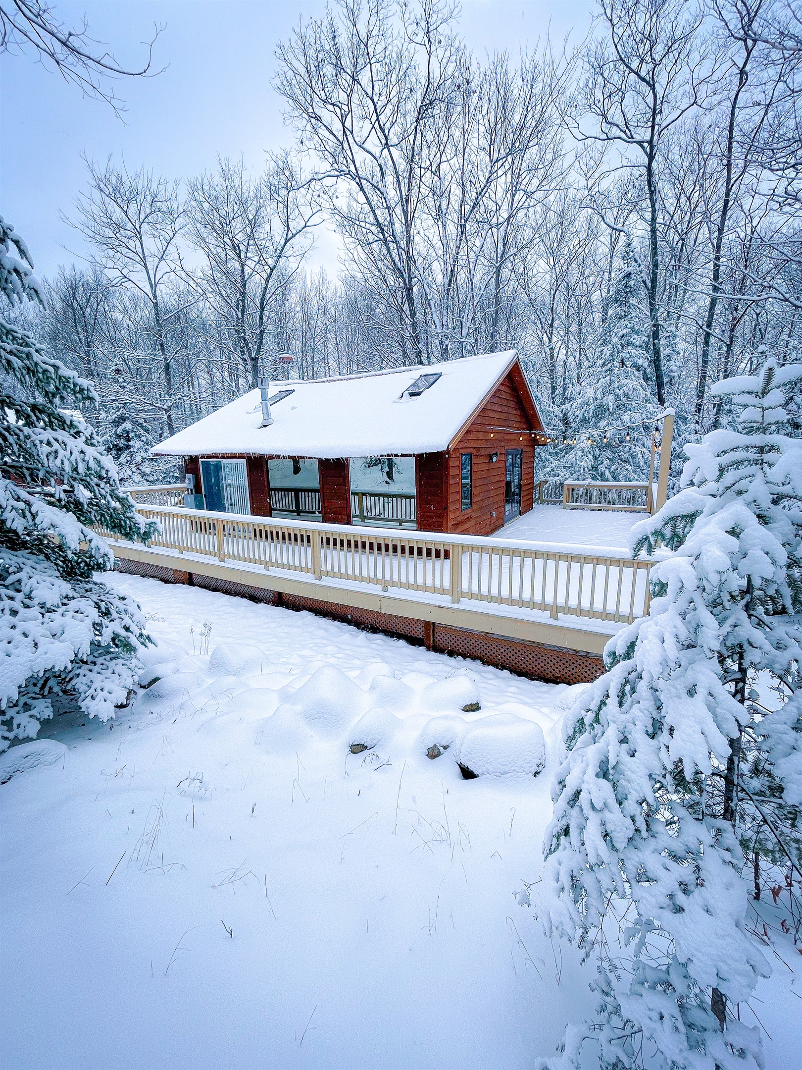Main Cottage side view panoramic windows winter scene 