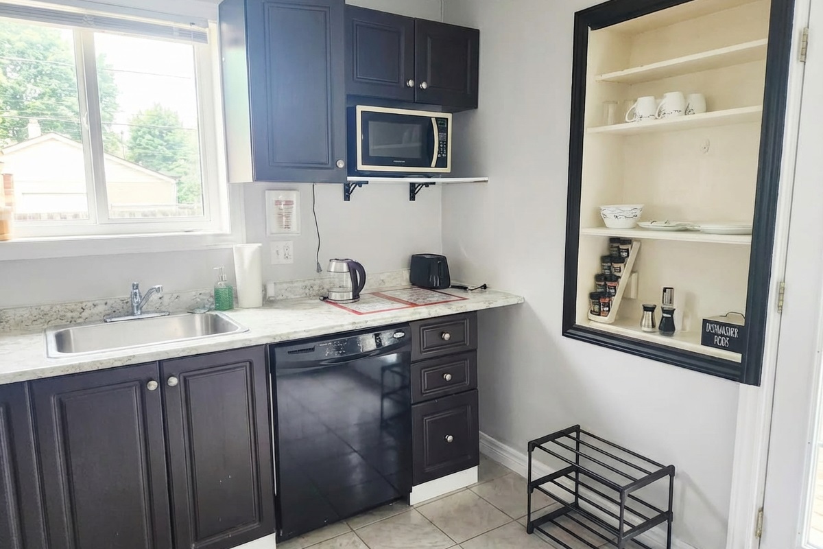 Kitchen, storage and  microwave
