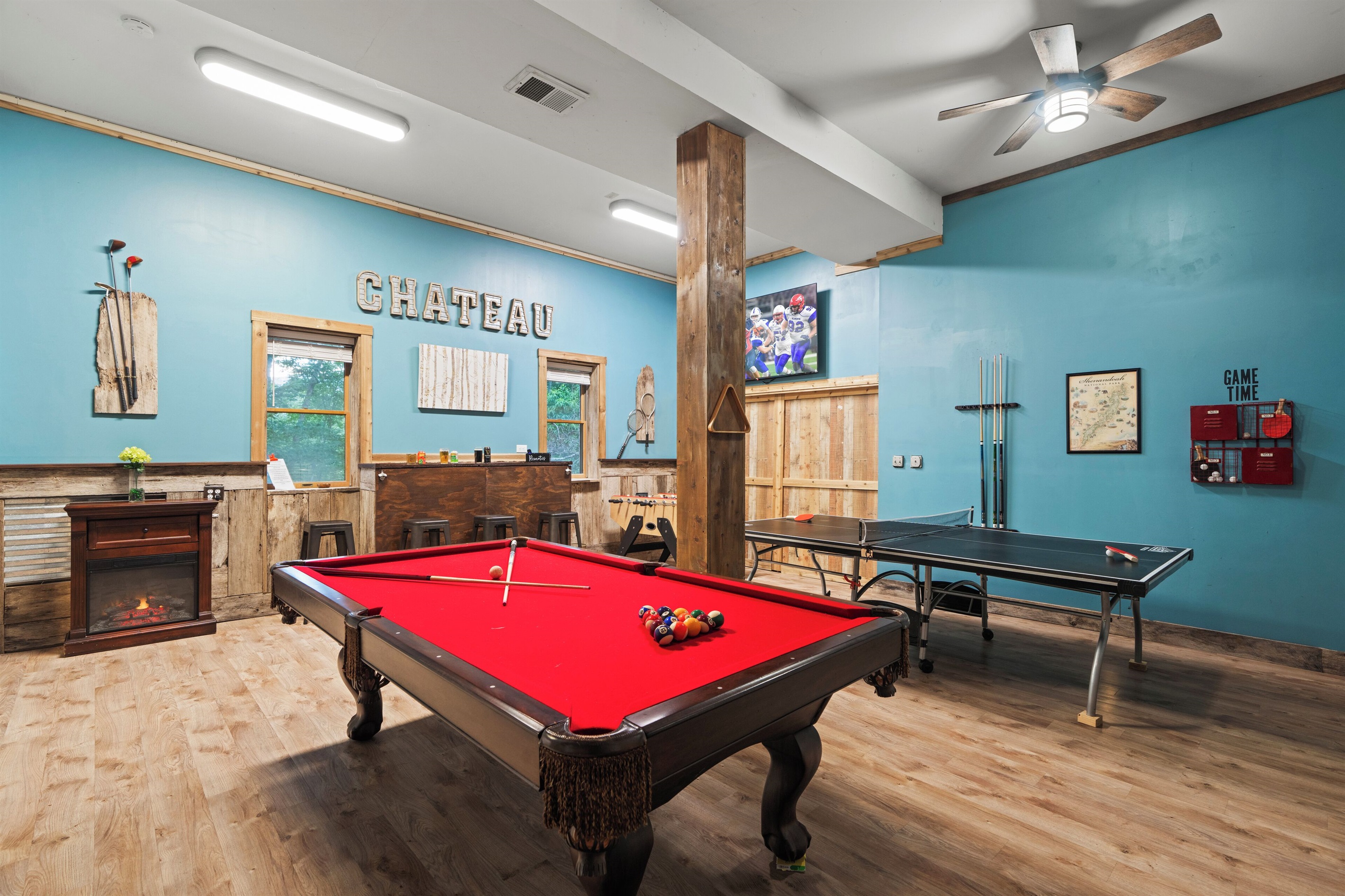 Game room with pool, ping pong, and foosball
