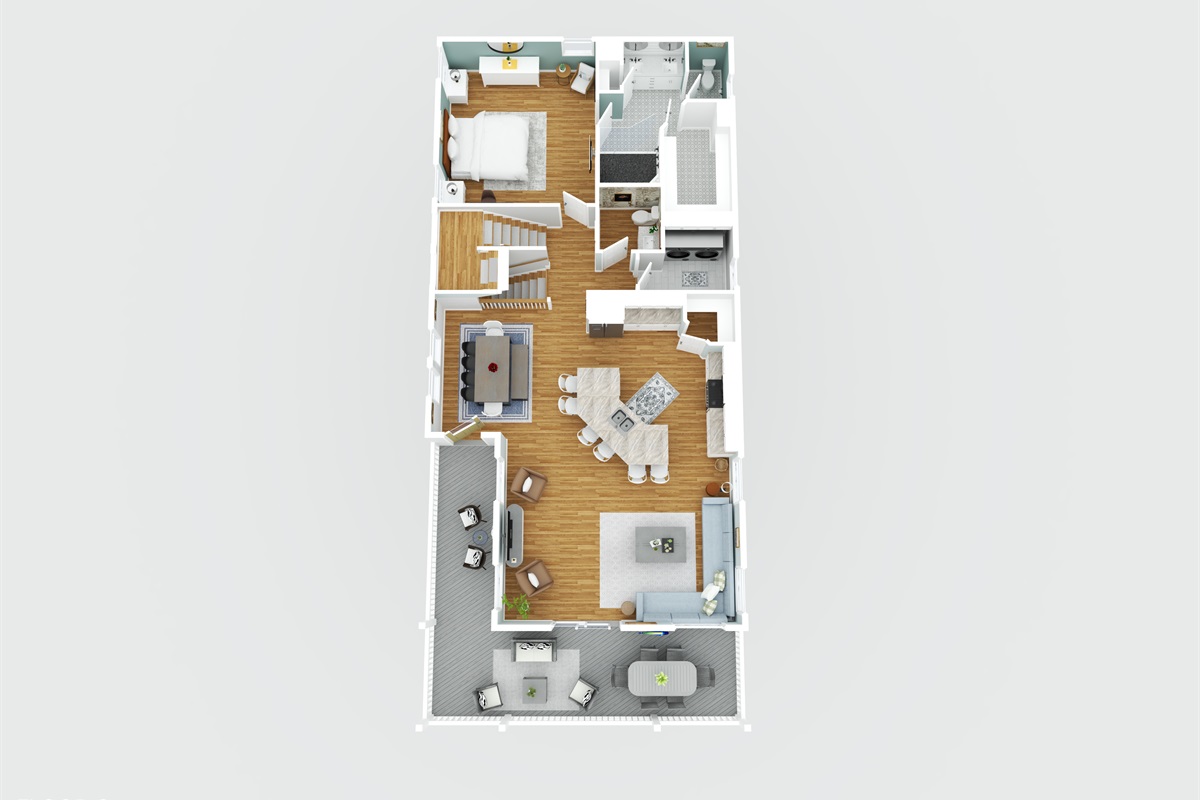 Second floor layout highlighting the main living areas, kitchen, and primary suite.