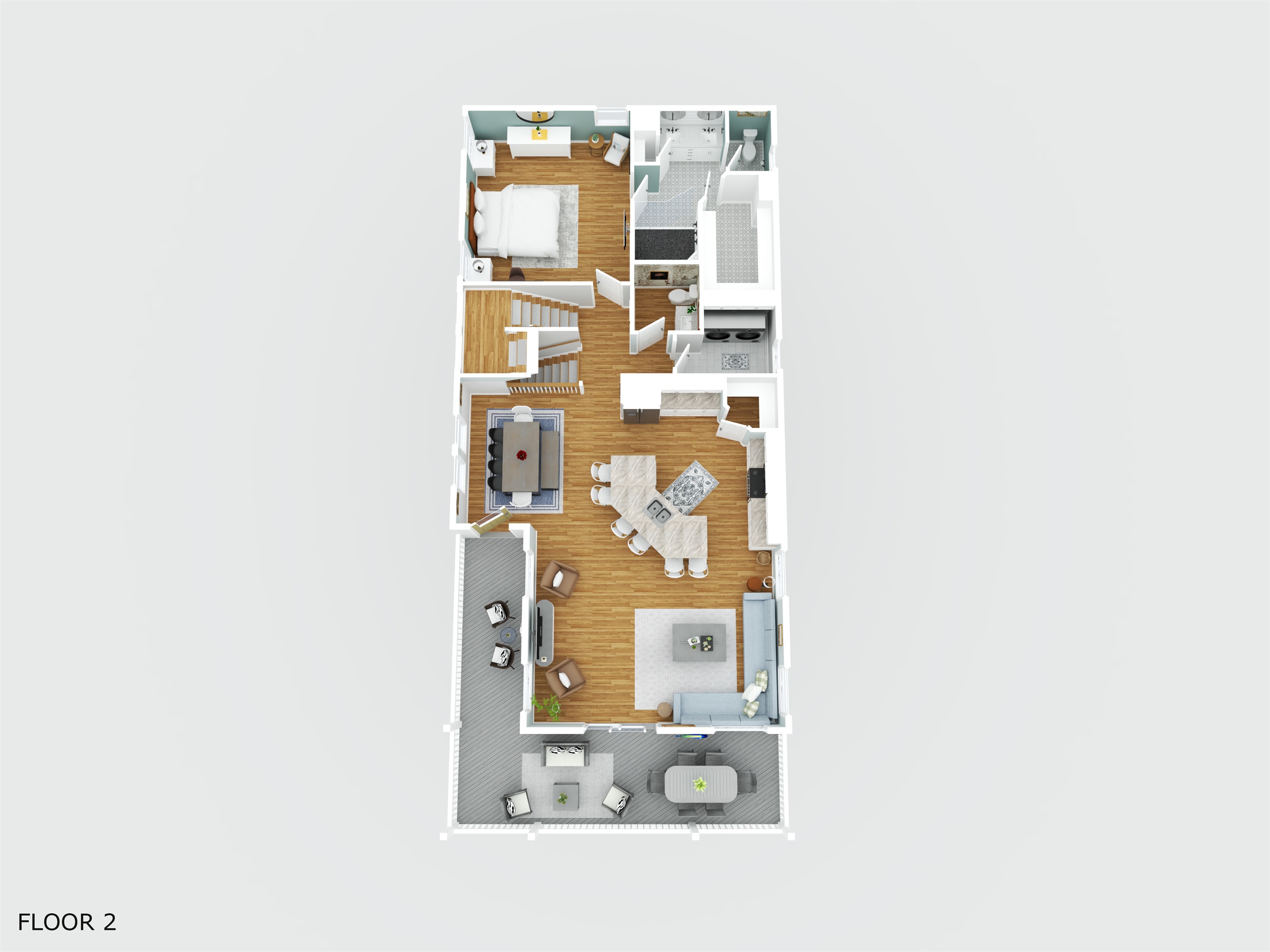 Second floor layout highlighting the main living areas, kitchen, and primary suite.