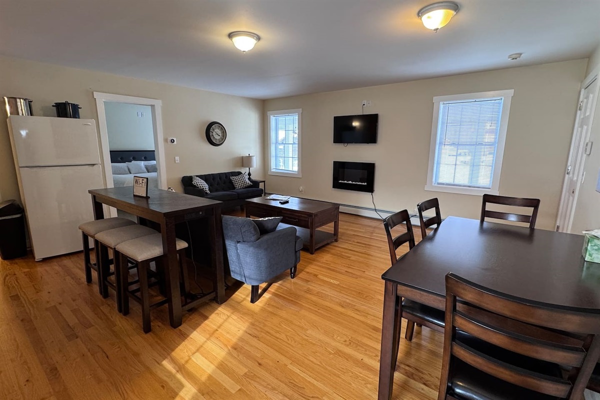 Open-concept apartment with Living room, kitchen, and dining area