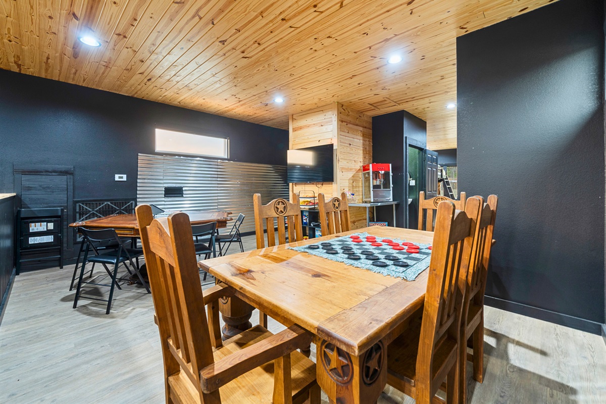 Another angle of the recreation space shows just how roomy and versatile this area is for games and group fun.