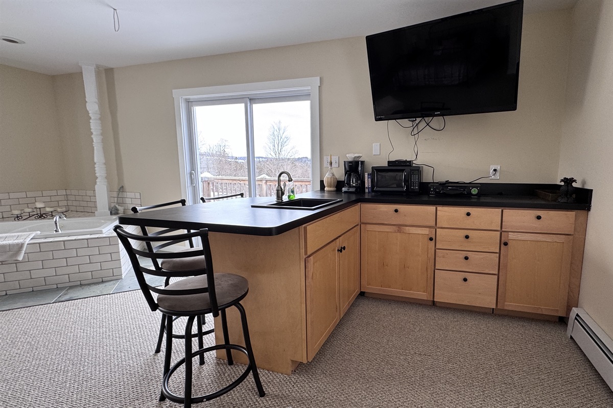 Primary bedroom with private wet bar, large stand-alone soaking tub, and access to private balcony 