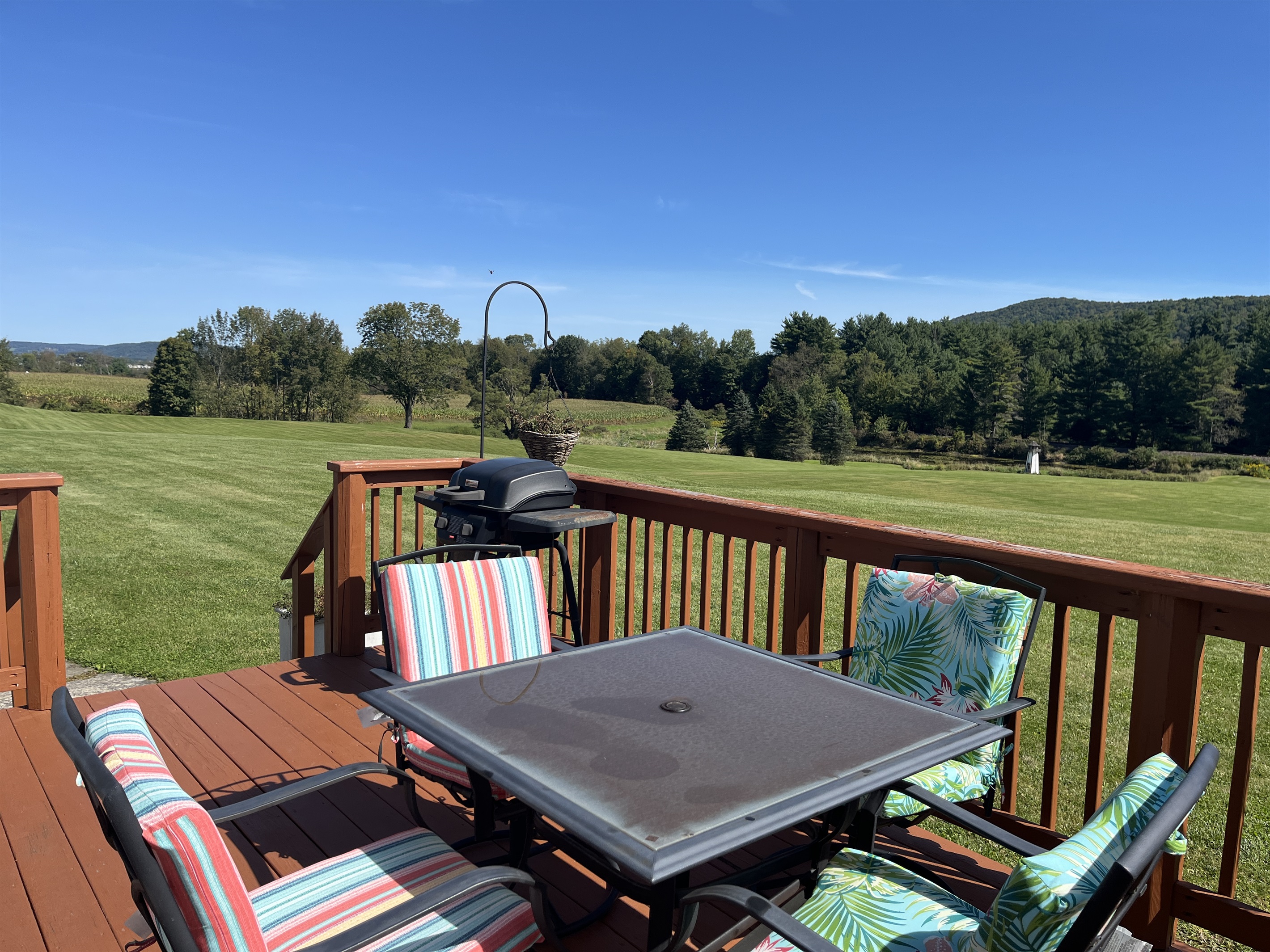 Open deck looks out to scenic pond