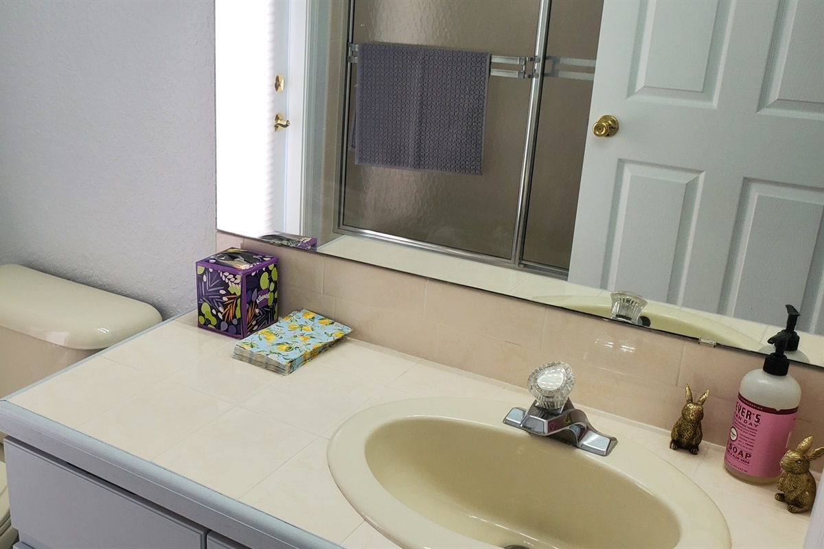 Full bathroom with access to pool and backyard