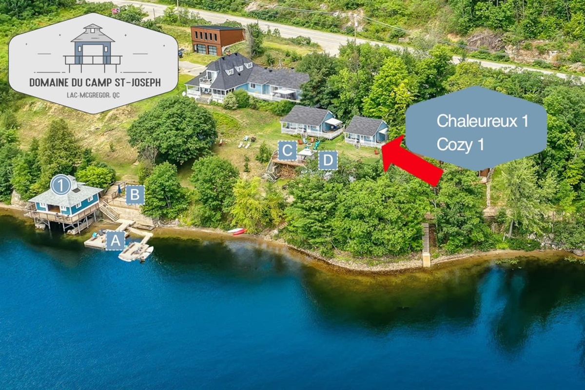 Le chalet Chaleureux 1 n'est pas partag&eacute;. Il a son propre patio, BBQ, Foyer ext&eacute;rieur. Vous avez un acc&egrave;s partag&eacute; &agrave; la "Boathouse" (1) , au sauna (1), &agrave; la buanderie, &agrave; certains patios (C et D)  et aux quais (A)