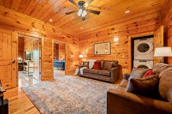 Sleeper sofa and loveseat provide cozy comfort for family or friends downstairs.