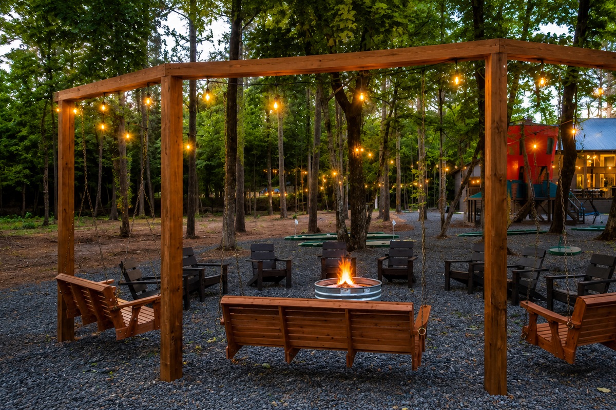 Outdoor Retreat: Gather around the fire pit under twinkling lights, perfect for starry nights!