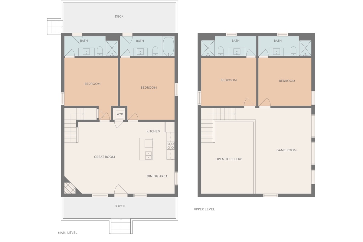 The Main Level (downstairs) has a king bedroom (upper left) and bedroom with 2 queens (upper right).

The Upper Level (upstairs) has two king bedrooms and the game room.