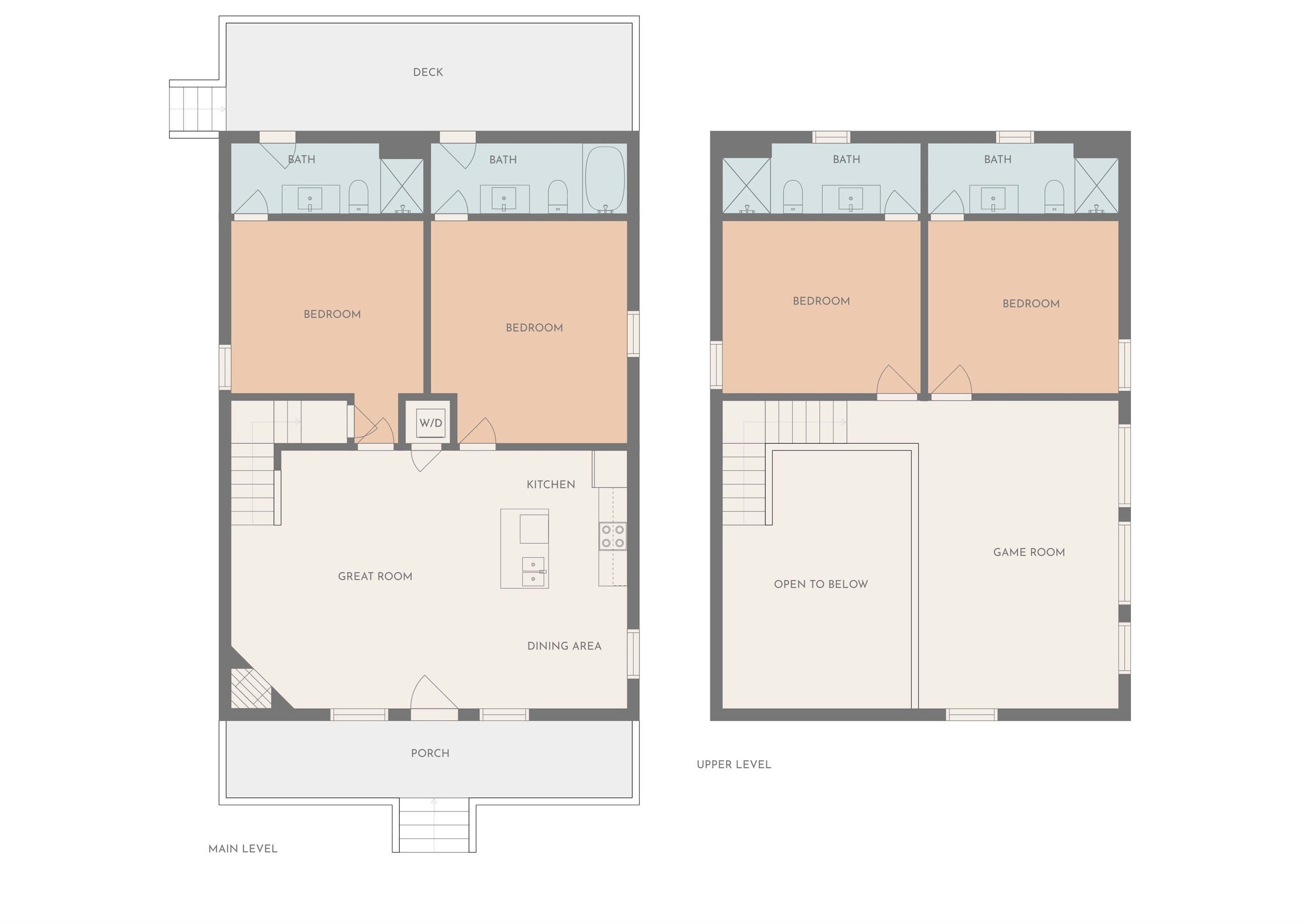 The Main Level (downstairs) has a king bedroom (upper left) and bedroom with 2 queens (upper right).

The Upper Level (upstairs) has two king bedrooms and the game room.