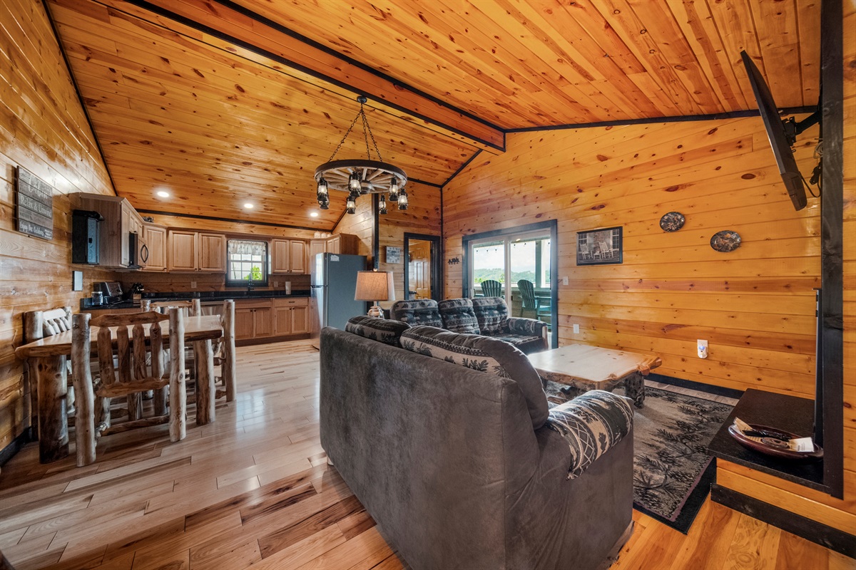 Nothing has been overlooked in the decorating and design of this cabin. Everything is real and every door and window has a mountain top view.