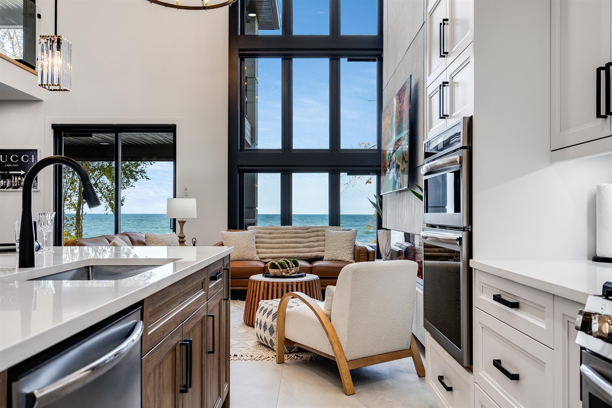 A kitchen with stunning lake views. 