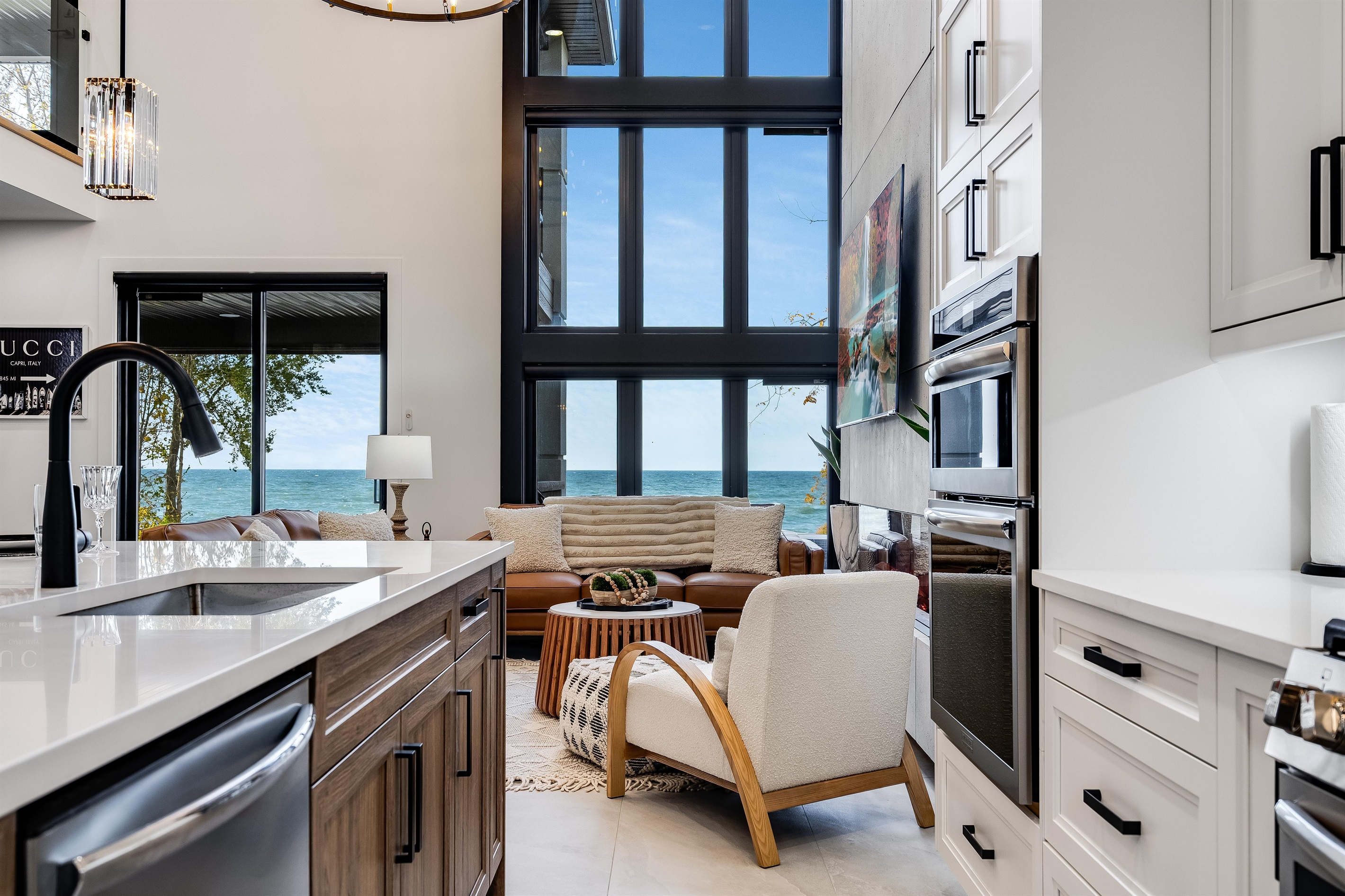 A kitchen with stunning lake views. 