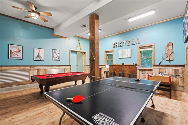 Game room with pool, ping pong, and foosball
