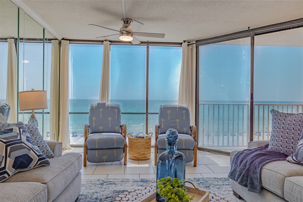 Double chairs facing the living area