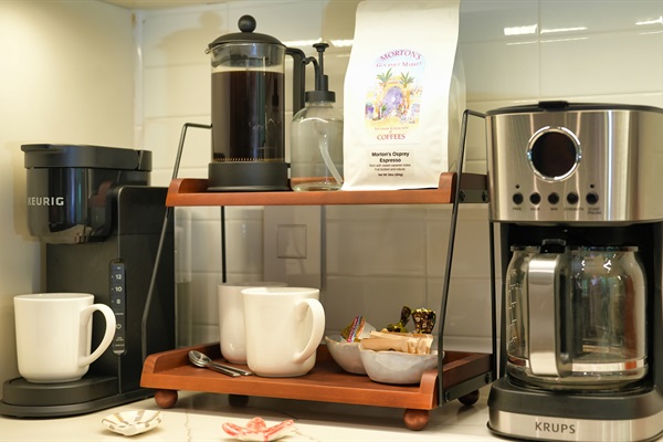 Coffee bar featuring 3 types of coffeemakers + Lavazza coffee