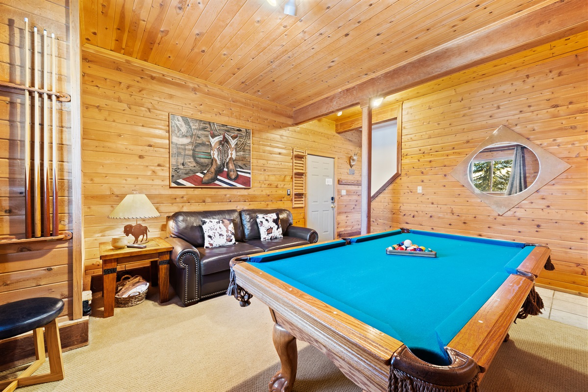 Pool table room with sleeper sofa
