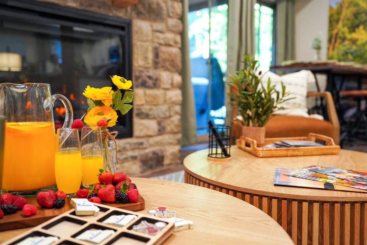 Fresh orange juice or a mimosa on the comfy couch to start the day