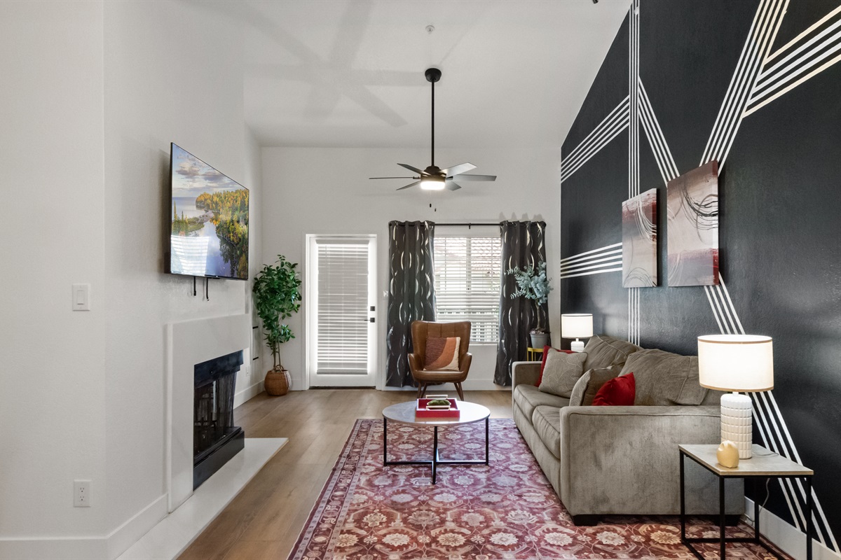 Cozy living room with Roku TV and entertainment setup