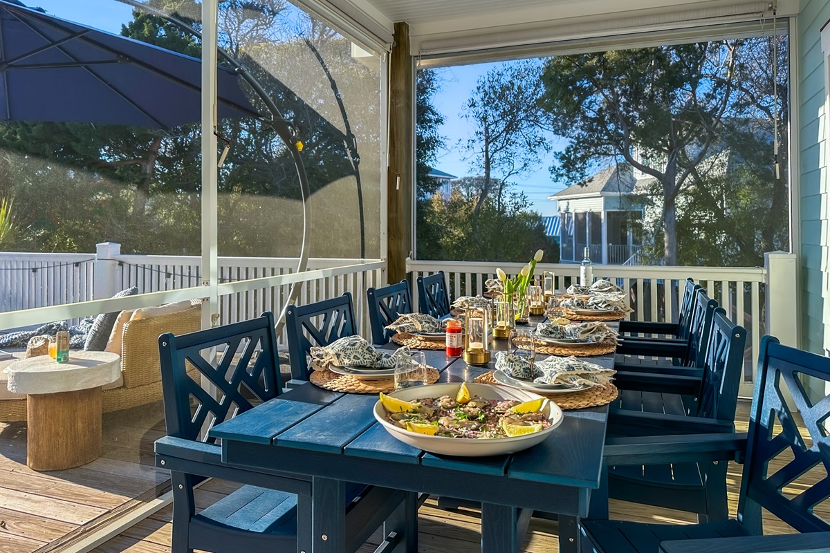 The deck leads you to the porch dining area.