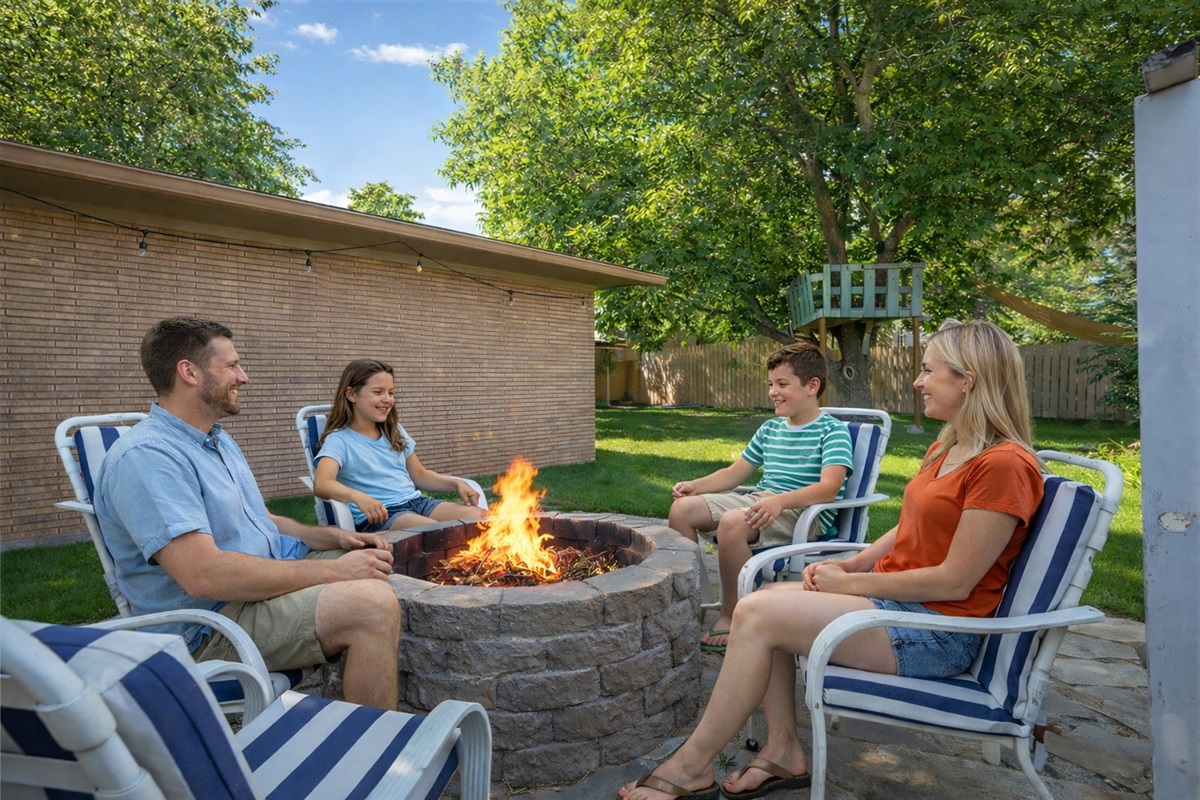 You may just love the back yard more than the house.  You have full use of the playhouse, tree fort and fire pit.  Or you can just lounge on the large covered patio and sip your tea or coffee and watch the squirrels play.