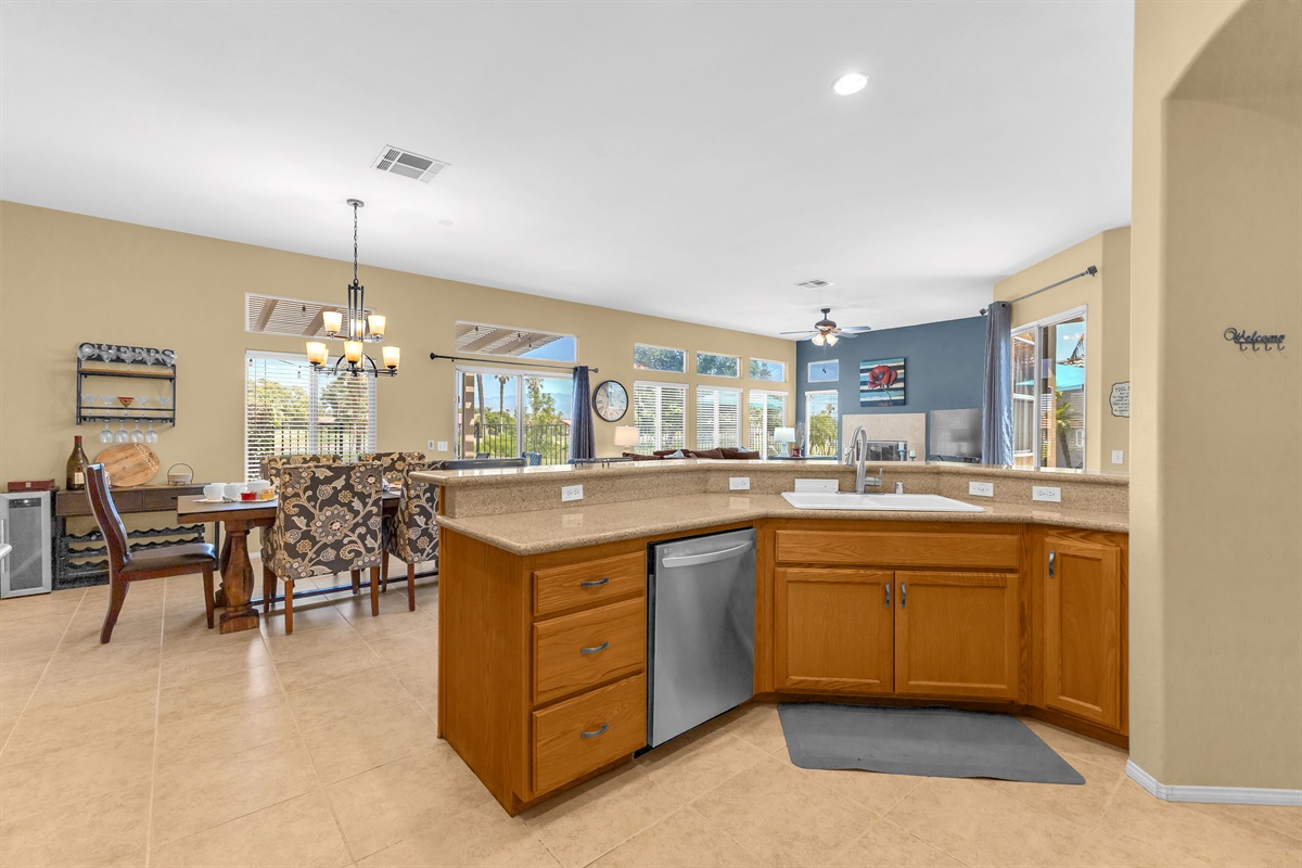 An open floor plan provides easy serving access. 