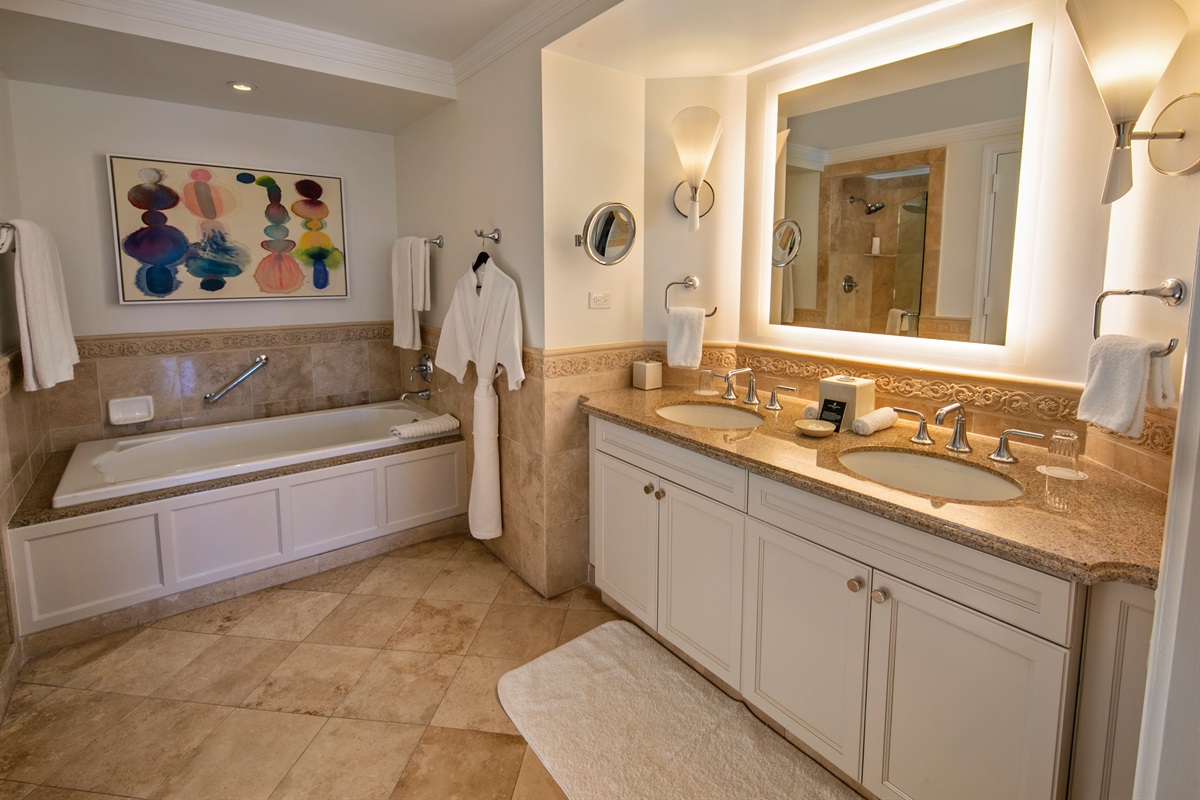 Spa-style bathroom at the Ritz-Carlton Residences, St. Thomas, featuring upscale finishes and a serene resort-inspired design.
