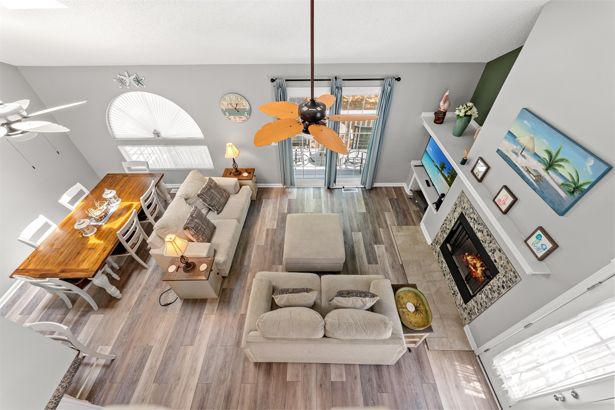 Arial view of your living room and dining room area