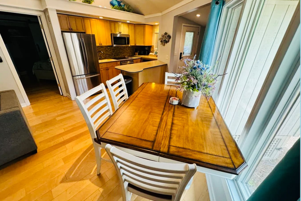 Dining table and kitchen