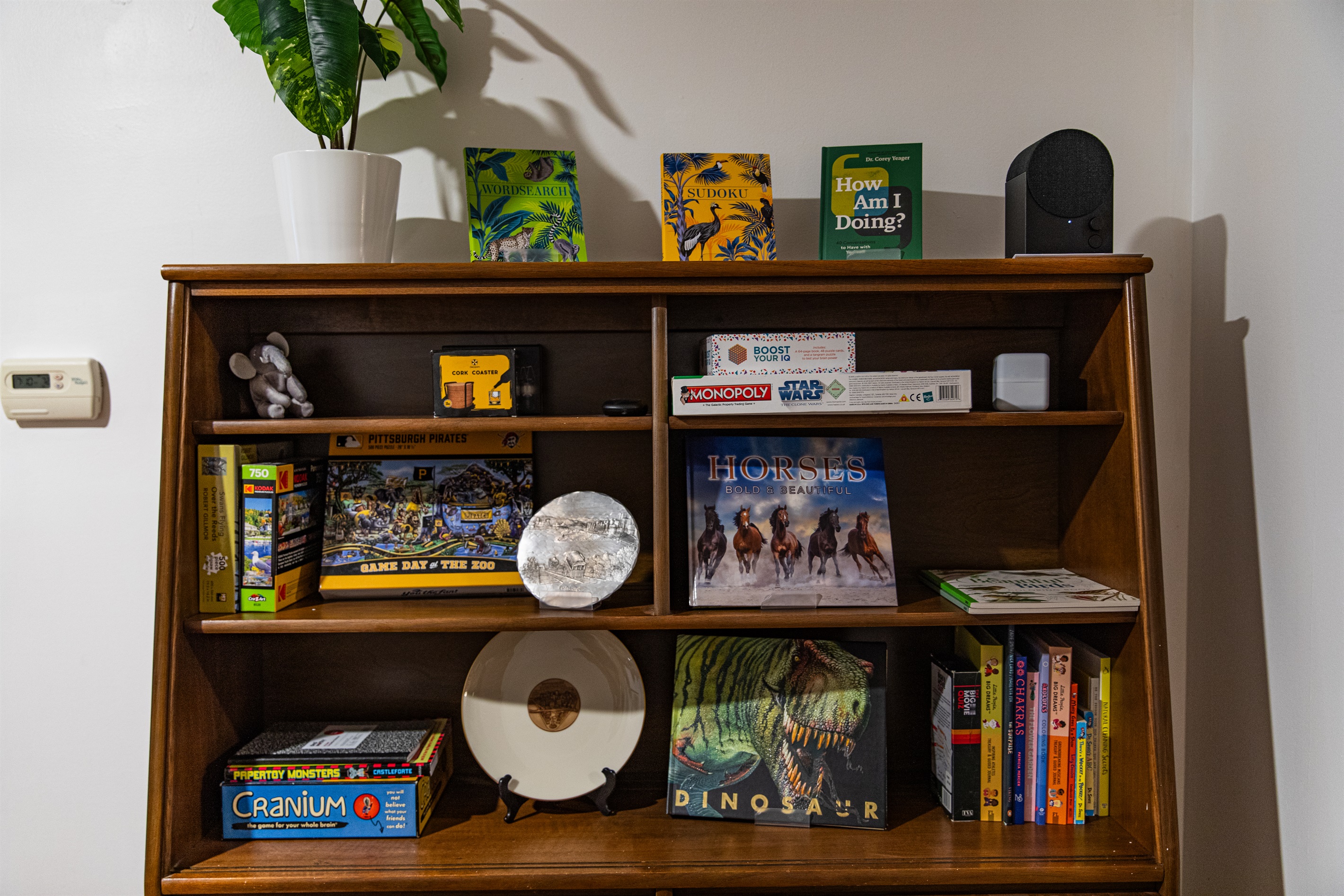 Curated bookshelf with games, books, and décor, offering entertainment and thoughtful touches for guests of all ages.