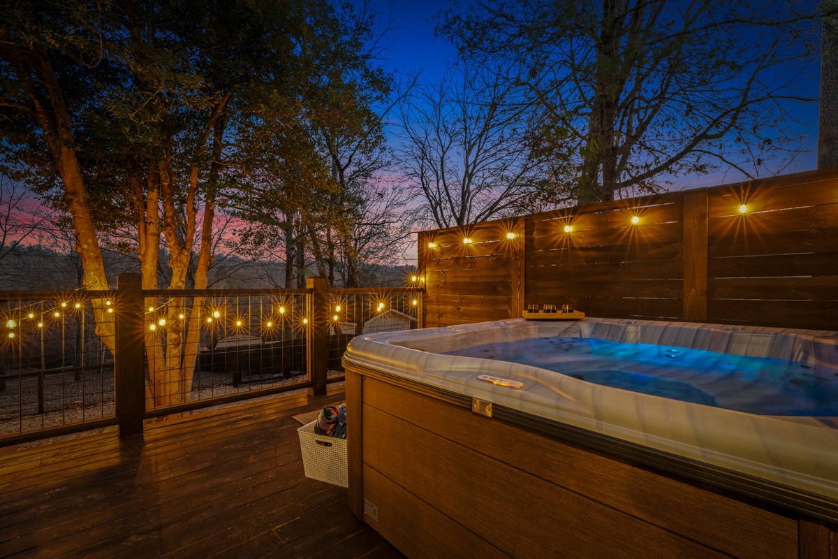 The hot tub is perfect for evening relaxation and stargazing.