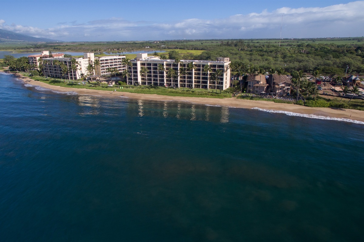 Aerial view of Sugar Beach Resort, the 5 mile beach and surrounding wetlands