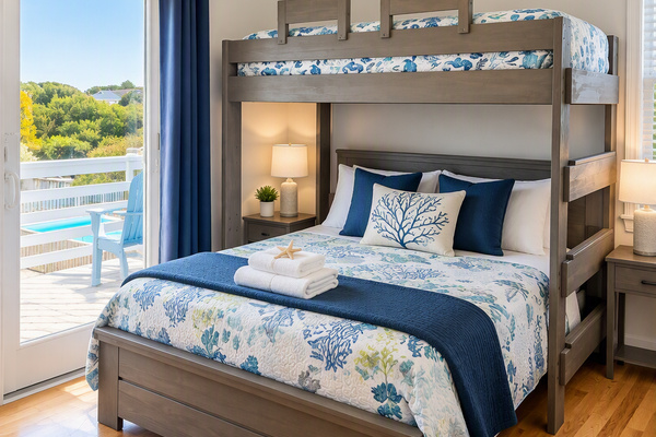 Perfect for families, this room features a Queen bed + twin bunk, deck access, and a Jack-and-Jill bath