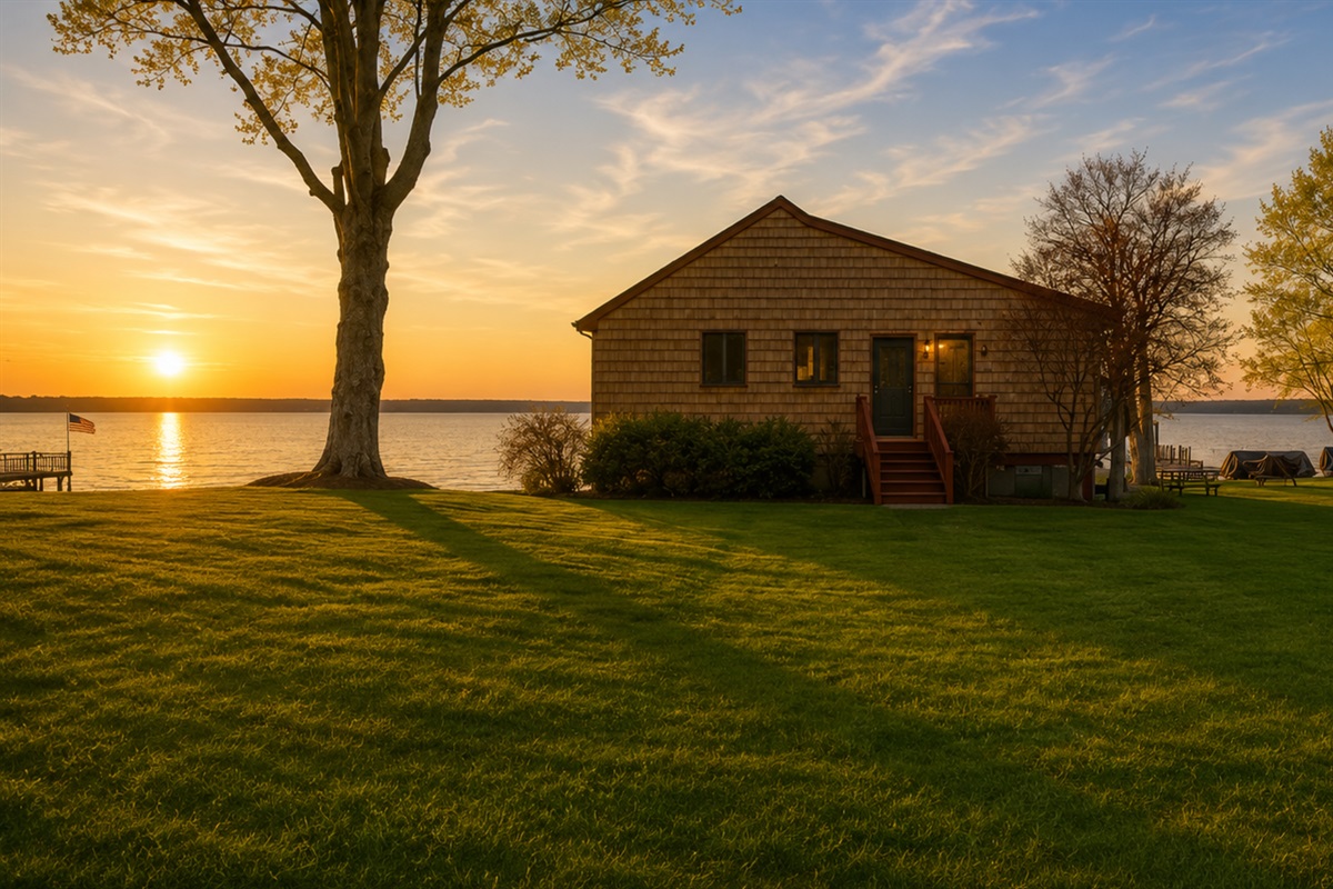 Lakeside charm with lush lawns and easy water access. 🌅🏡