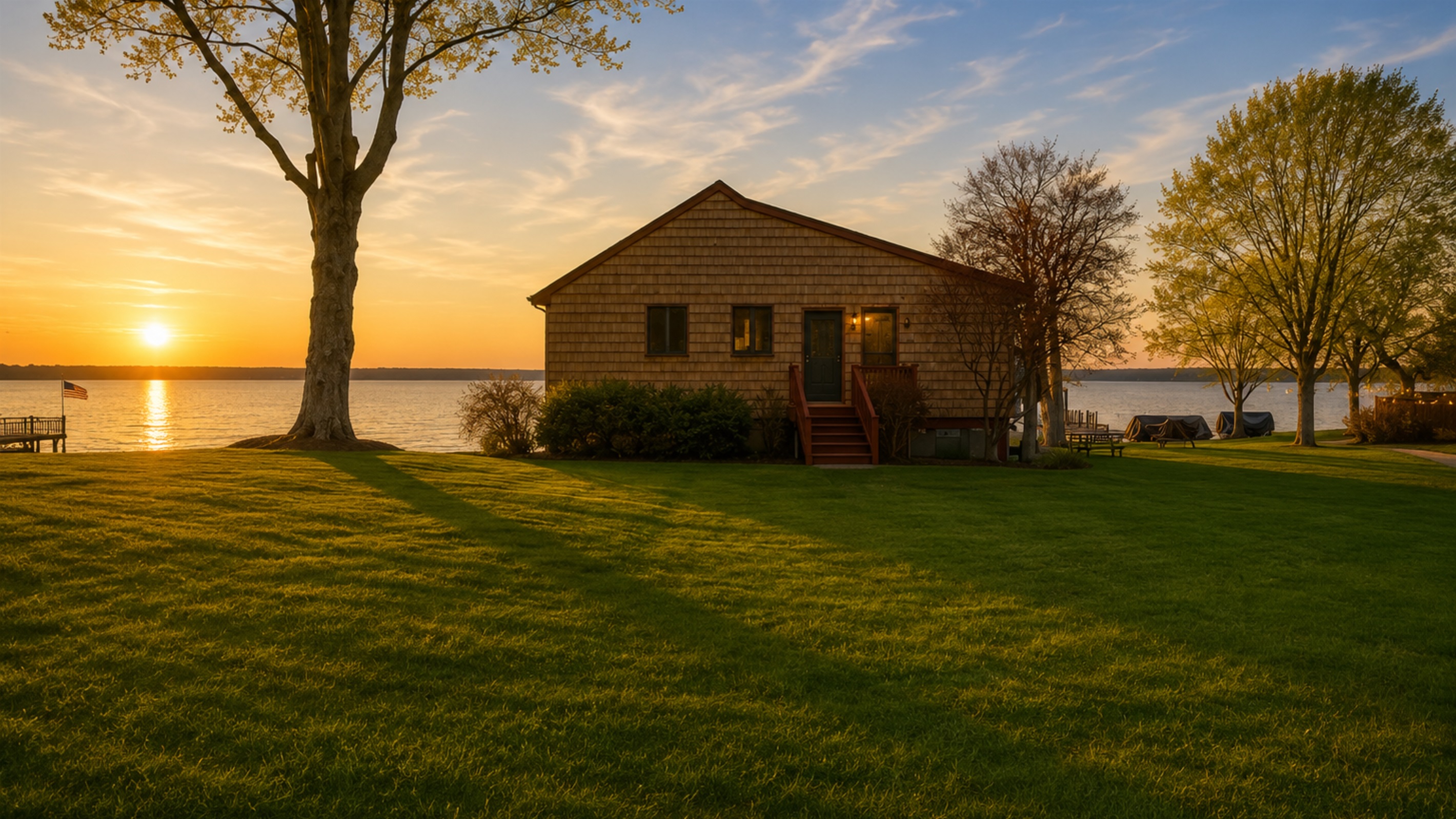 Lakeside charm with lush lawns and easy water access. 🌅🏡