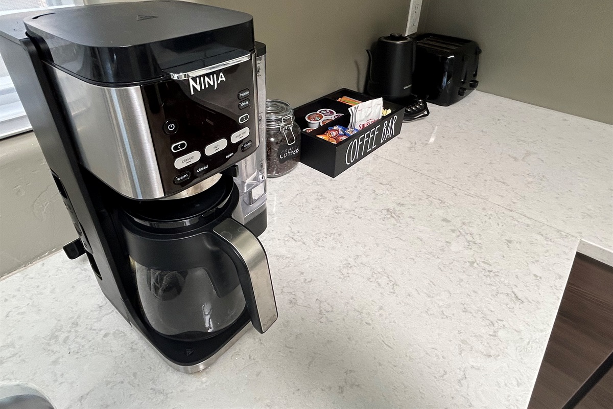 For all you coffee lovers we provide a dual function coffee maker so you can brew a single cup or a whole pot. We even provide a starter supply of coffee beans, pods, creamers and sweeteners.