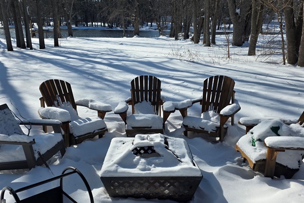 Cozy up as snow falls gently and the outdoor fire pit invites laughter, stories, and warm memories.